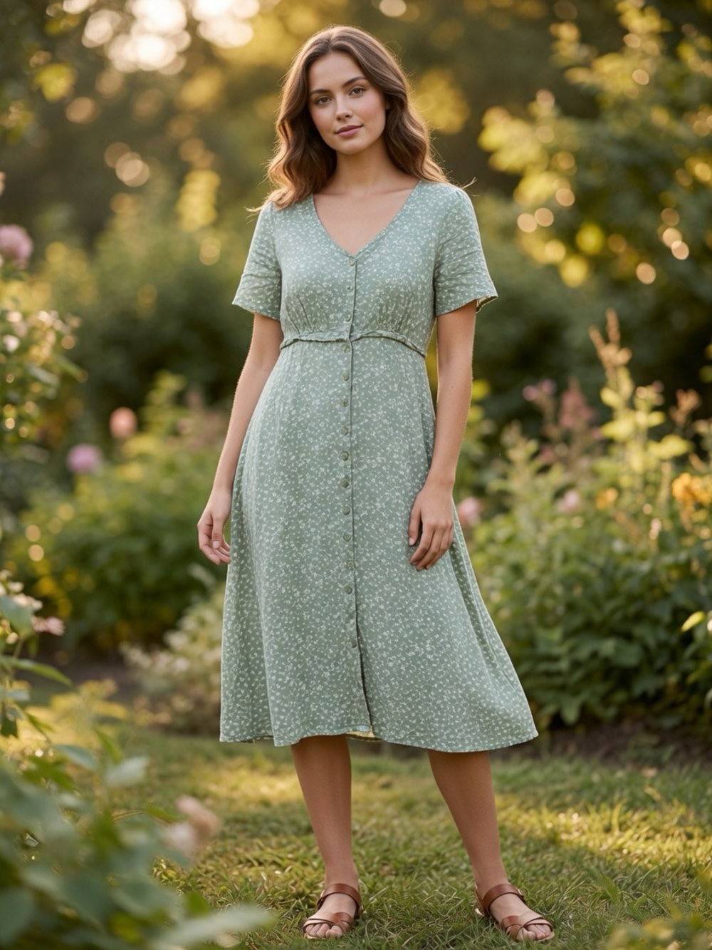 ABLE Green Floral Button‑Front Midi Dress – Size L, EUC